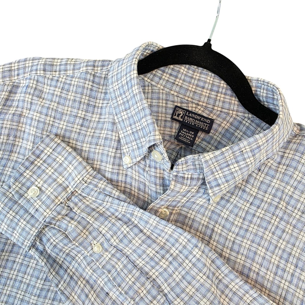 Lands End x Baird McNutt Irish Linen Shirt Mens 16.5-36 Tailored Tall Blue Plaid